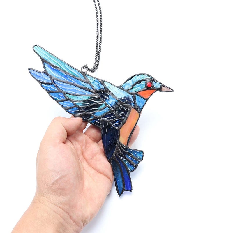Bieye W10049 Hummingbird Tiffany Style Stained Glass Window Hangings Suncatcher with Chain and Suction Cup Hook (7" W x 8" H) - Image 3
